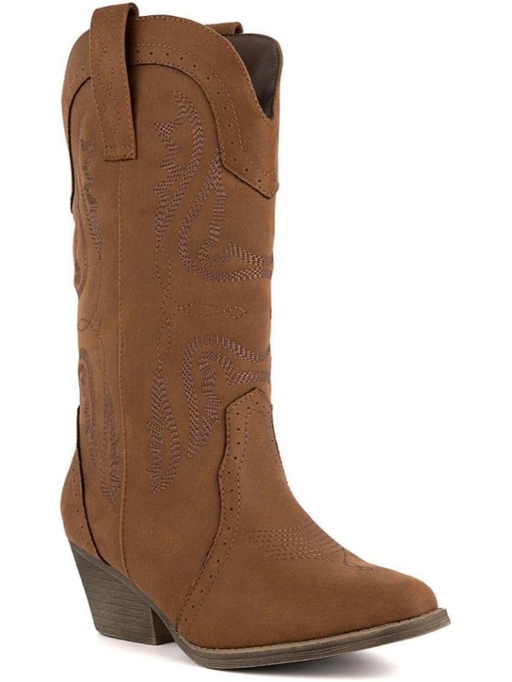 Women's Cognac Western Cowgirl Boots Mid-Calf Heels Pointed Toe Stitch Booties